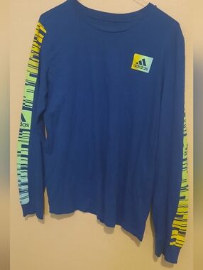 adidas Royal Blue Long Sleeve Tee with Neon Yellow & Teal Sleeve Graphics